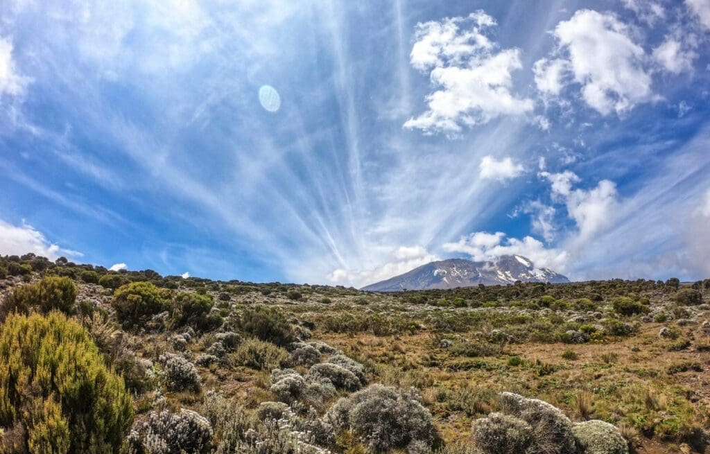 Grassy valley and mountain-side view on a sunny day hiking to Mount Kilimanjaro