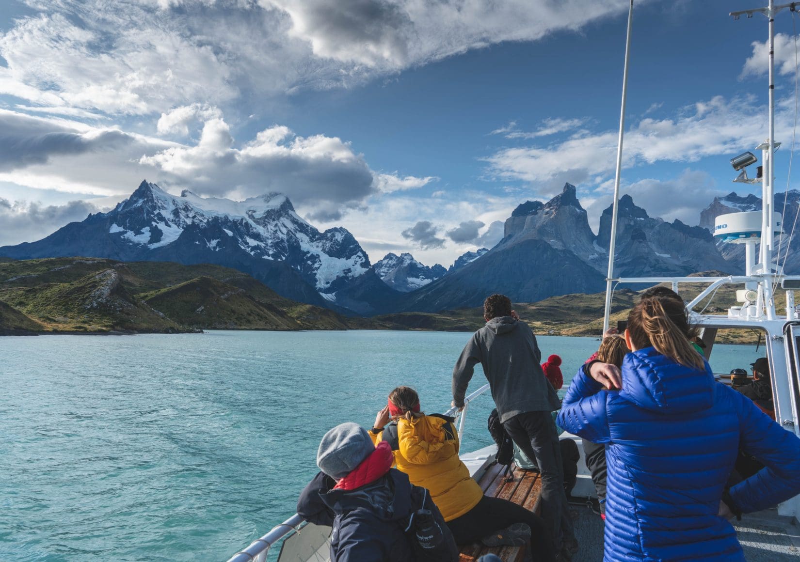 Two people hiking the W Trek in Torres del Paine, Patagonia