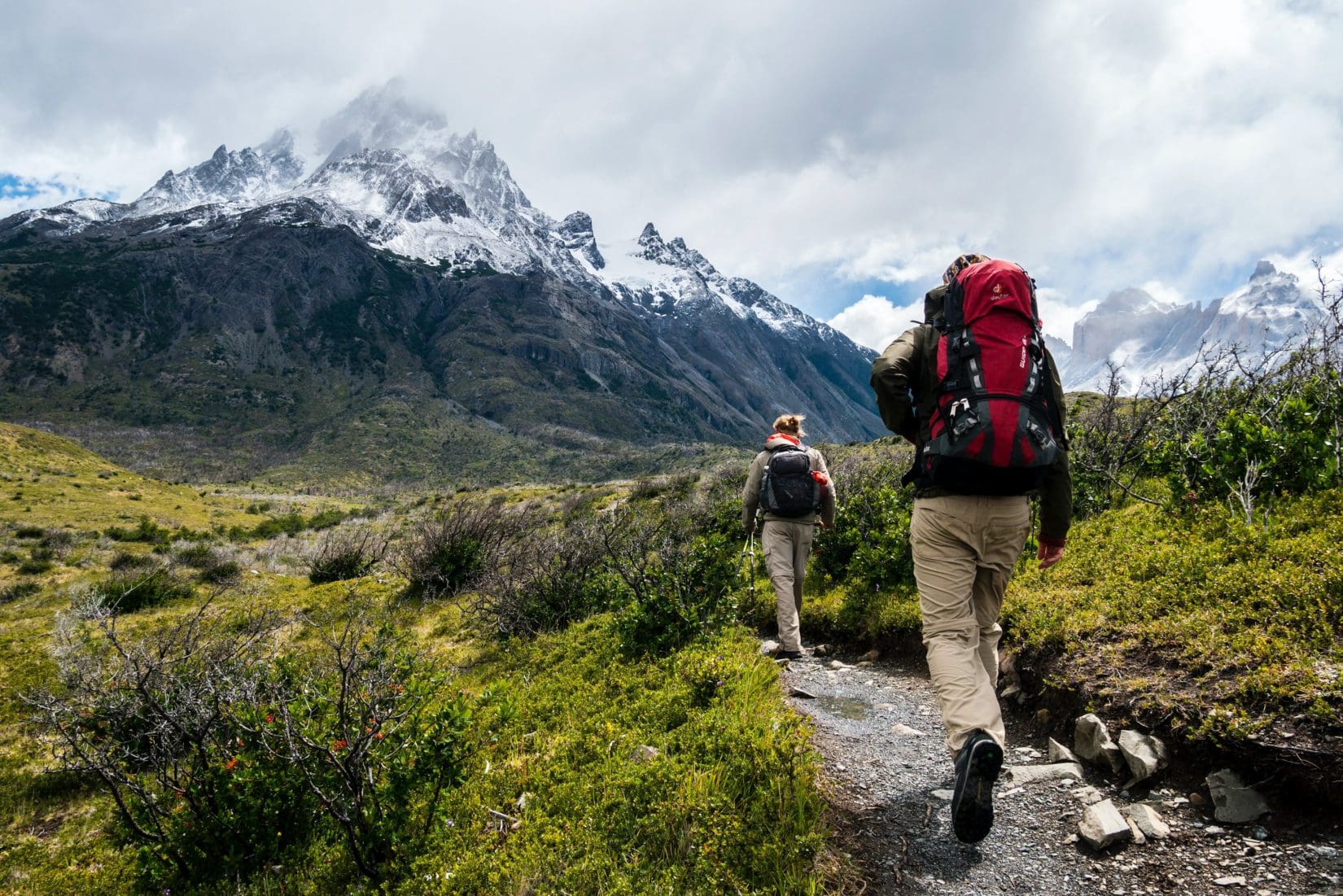 Two people hiking the W Trek in Torres del Paine, Patagonia