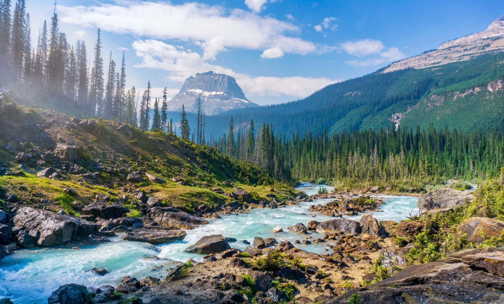 Rolling river with rocks in a lush valley of green trees and mountains on a sunny day